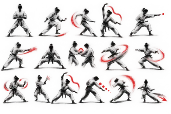 Ink-brush illustration of the sixteen principles of Small Circle Jujitsu, showing a martial artist demonstrating each principle